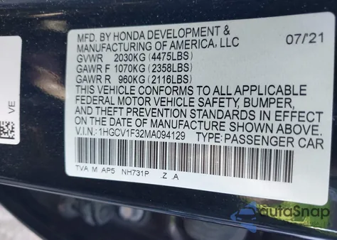 2021 Honda Accord Sport из США, поврежденный, VIN 1HGCV1F32MA094129